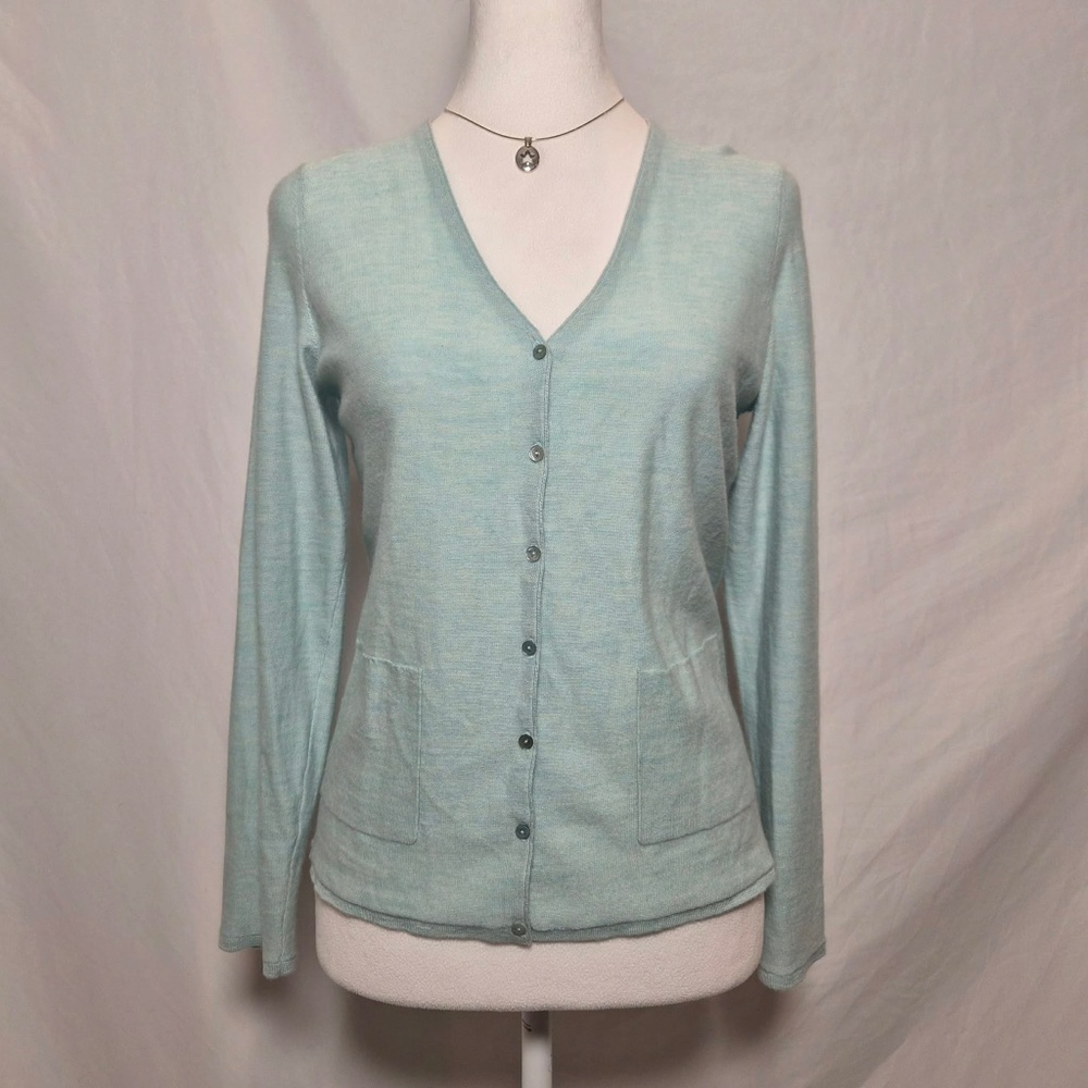 Eileen Fisher Baby Blue Ultra Fine 100% Washable Cashmere Classy Button Up Cardi